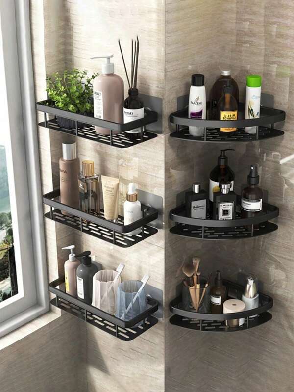 1 pieza Estantería de baño, Estantería para bolas de ducha, Estantería de almacenamiento sin perforación para baño y cocina, Estantería de almacenamiento de baño sin perforación, Estantería de ducha de esquina de hierro fundido - Estantería de almacenamiento de baño montada en la pared sin perforación, Diseño de malla de metal negro, Fácil de acceder y organizar, Adecuado para champú, acondicionador y jabón, Almacenamiento de líquidos de baño, Decoración de baño moderna, Adecuado para ambientes húmedos, Organización y almacenamiento de baño