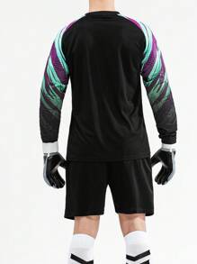 Men's Soccer Goalkeeper Jersey With Foam Chest Protector, Foam Elbow Pads, Anti-Slip Plastic Strips, Running & Sports Training Top, Colorblock Geometric Striped Long Sleeve Breathable Quick-Dry T-Shirt