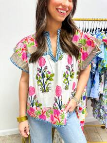 Women Y2K Floral Patchwork Fly Sleeve T Shirts V Neck Loose Fit Striped Trim Vest Shirts Summer Casual Going Out Tank Tops Party Streetwear - 粉色 - 查看 3