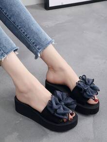 Women's Solid Color Sandals, Bowknot Decor Slip On Platform Beach Slides, Non-Slip Vacation Wedge Slides - Blue - View 5