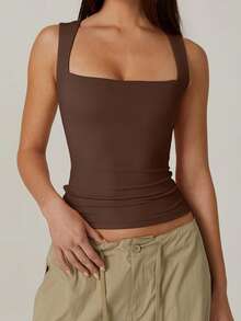 Women's Square Neck Tank Tops Sleeveless Solid Color Slim Fit Tank Tops Summer Shirts - Nâu nhạt - Xem 2