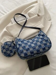 2025 Summer New Retro Fashion Square Bag With Zip Opening And Matching Round Coin Purse, Lightweight And Minimalist, Small Capacity Shoulder Armpit Bag. Suitable For Women's Daily Life Casual, Commuting, Work, Dating And Students, White-Collar Use - Blue - View 4