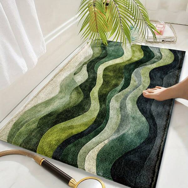 1pc Gradient Green Wave Pattern Print Microfiber Bath Mat, Non-Slip And Super Soft Bathroom Floor Rugs, Doormat, Bathroom Water Absorption Mat, Machine Washable, Low Pile, TPR Backing, Knit Fabric, For Bathroom, Bedroom, Kitchen, Entryway, Indoor & Outdoor Use, Home Decor, Bathroom Accessories & Decor, Perfect New Home Gift Back To School