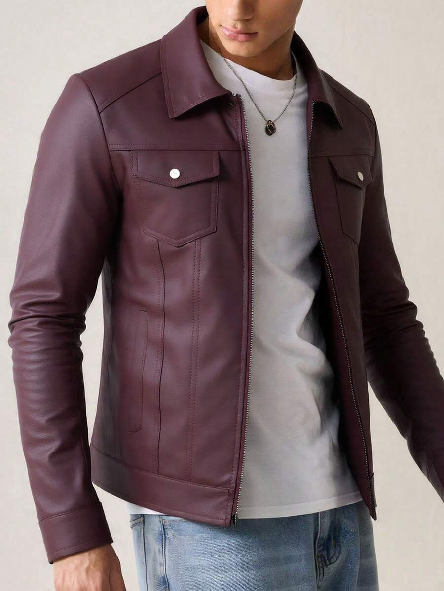 真正的男士皮夹克 做旧复古翻领男士皮夹克 修身短款男士皮夹克，羊毛 - 棕色 - 查看 1