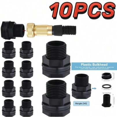 10 Pcs Bulkhead Fitting, Garden Hose Threaded 3/4 Inch Male GHT X 1/2 Inch Female NPT Double Threaded Bulkhead Water Tank Connector For Rain Barrels Water Tank Pond Aquarium Tubs Pools Spigot