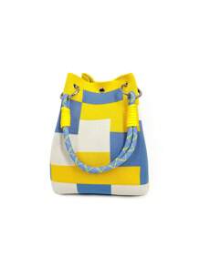 1pc Multicolor Geometric Pattern Knitted Handbag, Women Portable Foldable Dual Handle Small Tote Bag With Magnetic Closure, Suitable For Commuting, Vacation, Beach, Shopping
