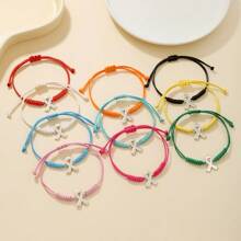 10pcs/Set Woven Wax Cord Adjustable Breast Cancer Awareness Bracelets, Handmade Braided Rope Bracelet With Metal Alloy Charms, Support Breast Health