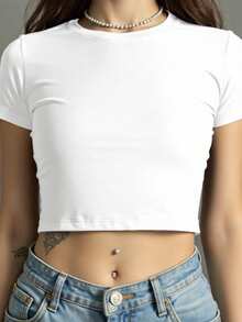 Customized Y2K Round Neck Short Sleeve Cropped T-Shirt, Customized Photo & Text Retro T-Shirt - White - View 3