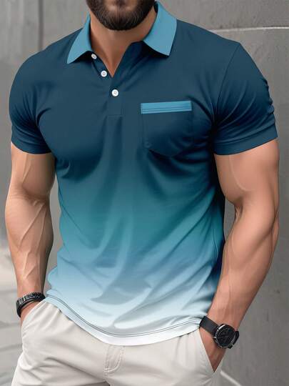 Camisa polo de manga corta casual con efecto degradado para hombre de talla grande