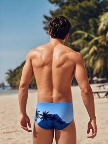 1pc Men's Tropical Print Swimsuit, Breathable Beach Party Swimming Trunks