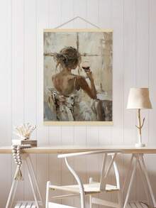 1 件中性米色墙壁艺术：拿着酒杯的女人帆布画 - 适用于客厅装饰，无框