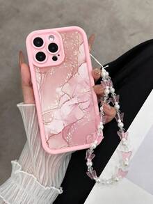 大理石粉色花卉印花软硅胶手机壳带链条，重型防震保护套，兼容 16/16 Pro/16 Pro Max、 16 Plus、 15 XR/7/8、 15 Pro Max、12 Pro Max、13 Pro Max、14 Pro Max、13、14、11、12 Plus、14 Pro、11 Pro、12 Pro、Redmi - 彩色 - 查看 2