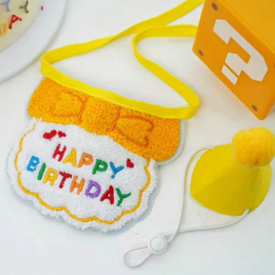 2024 Pet Birthday Hat Scarf Set Adjustable, Cat/Dog Birthday Supplies Mini Pet Saliva Towel Cat/Dog Supplies - 黃色 - 查看 1