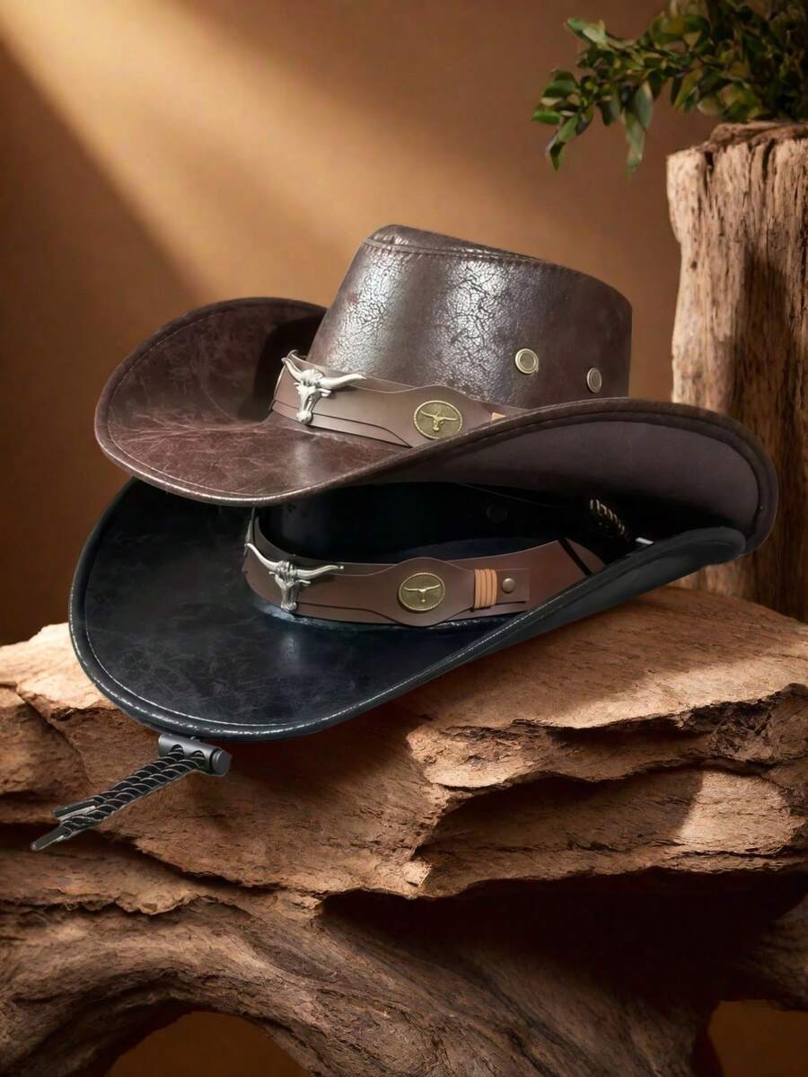 1pc Women's Denim Hat, Fashion Leather Heart-Shaped Crown Rolled Brim Cowboy Hat, Unique Outdoor Travel Party Performance Cap, Paired With Wide Belt & Bull Head Metal Belt Decor, Unisex Versatile Style - Brown - View 1