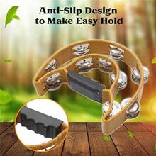 Double Row Jingles, Half Moon Musical Tambourine Double Row Handbell Tambourine Metal Jingles With Ergonomic Grip Percussion Instrument For KTV Party Church, Imitation Wood Color - 咖啡棕 - 查看 7