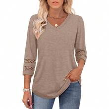 XIEERDUO 3/4 Length Sleeve Womens Tops Dressy Casual Blouses For Women 2025  V Neck T Shirts Summer Clothes - 卡其色 - 查看 2