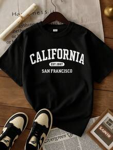 Blusa casual de estilo callejero de moda con cuello redondo, manga corta y estampado de frase california para mujer - Negro - Ver 1