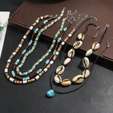 5pcs/Set Fashionable Women Vintage Style Shell, Turquoise & Coconut Shell Necklace Accessory, Beach Vacation Travel Decoration