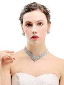 新娘全套水钻项链和耳环套装，夸张优雅简约项链，百搭正装 - 銀白色 - 查看 4