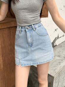 Váy ngắn chữ A bằng vải denim có lớp lót chống phản quang - Màu xanh nhạt - Xem 3