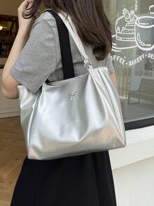 Large Capacity Casual Patchwork Tote Bag, Bow & Metal Decor, Adjustable Shoulder Strap, Versatile Commuting Handbag For Women - Silver - View 4