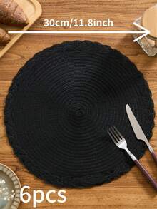 1/4/6/12pcs Bohemian Woven Round Placemats, Solid Color With Braided Edge, Non-Slip Tabletop Mats For Home Kitchen, Suitable For Holiday Party, Birthday, Wedding, Dinner (Multiple Color Options) - Black - View 14