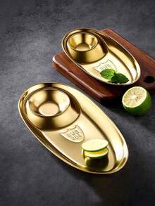 1pc Stainless Steel Sectional Snack Plate, Creative Sushi Dumpling Dish, Oval Small Appetizer Serving Tray, Suitable For Hotel & Restaurant - Gold - View 6