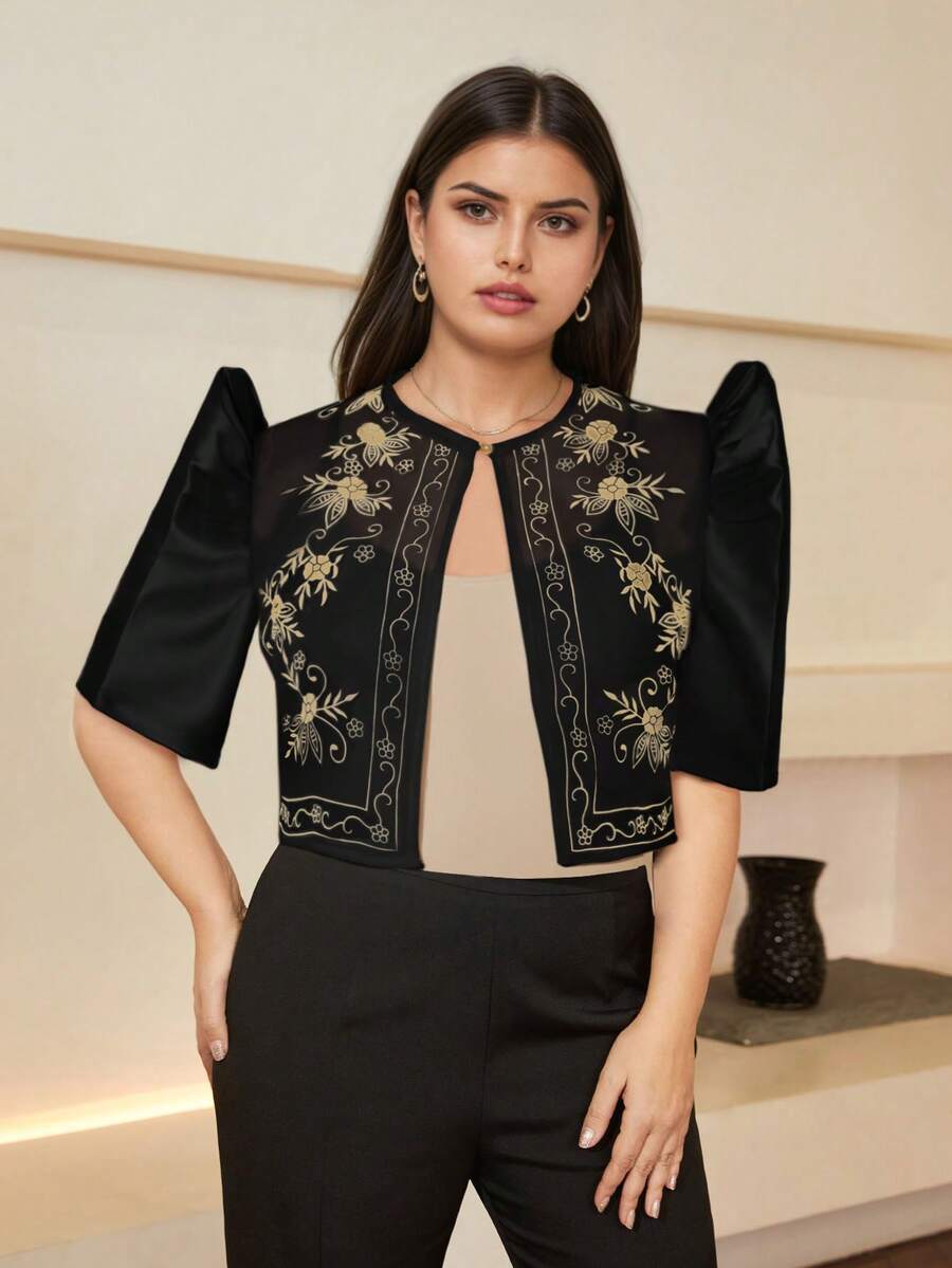 Amyenjoylife 1件装加大码女式现代菲律宾风复古印花泡泡袖上衣，蝴蝶袖菲律宾风春夏服装，现代优雅女式上衣，女式菲律宾风短外套，加大码黑色上衣 - 黑色 - 查看 1