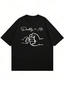 Camiseta casual de hombre de cuello redondo y manga corta con estampado de mano y letras - Negro - Ver 3