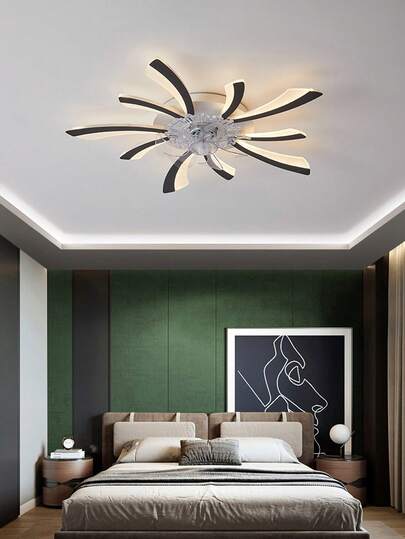 1pc Modern Acrylic & Iron Ceiling Fan Light, 6-Speed Adjustable, With Remote Control Dimmer And LED Light Source, Floral/Round/Skull Shape Fan Options, Suitable For Bedroom, Living Room, Study, Office And Dining Room Decor, Black/White