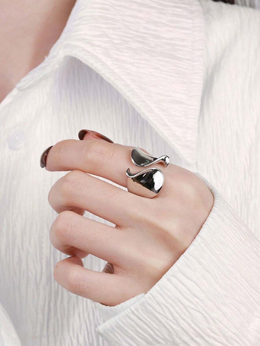 1PC Silvery Rings For Women Couple Minimalist Handmade Simple Big Ring Party Jewelry Gift - Silver - View 1