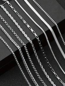 8pcs Stainless Steel Titanium Steel Men's Necklace Set, Including Round, Snake, Basketball, Water Chain, Stainless Steel Choker Necklaces, Suitable For Daily Wear - Silver - View 3