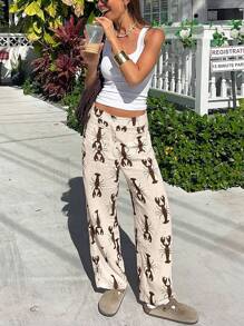 Pantalones rectos y delgados de estilo casual con estampado de langosta para mujer