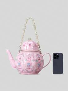 创意印花茶壶图案女士手提包珍珠链条单肩包设计师奢华斜挎包小水桶包 - 彩色 - 查看 7