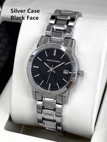 Pablo Raez 1 件银色华丽女士手表女士珠宝夏季配饰奢华连衣裙复古手表不锈钢手链链 IPS 镀层顶级全新优雅高级时尚格纹图案设计石英表 - 均碼 - 查看 17