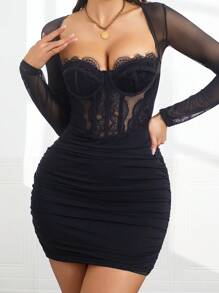 1pc Lace Dress Long Sleeve Women Dresses Sexy Ruched Bustier Bodycon Dress