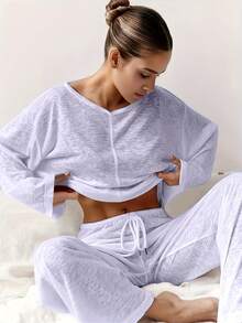 Women Solid Color Sheer Material Round Neck Long Sleeve Straight Leg Pajama Set, Suitable For Outerwear - Purple - View 3