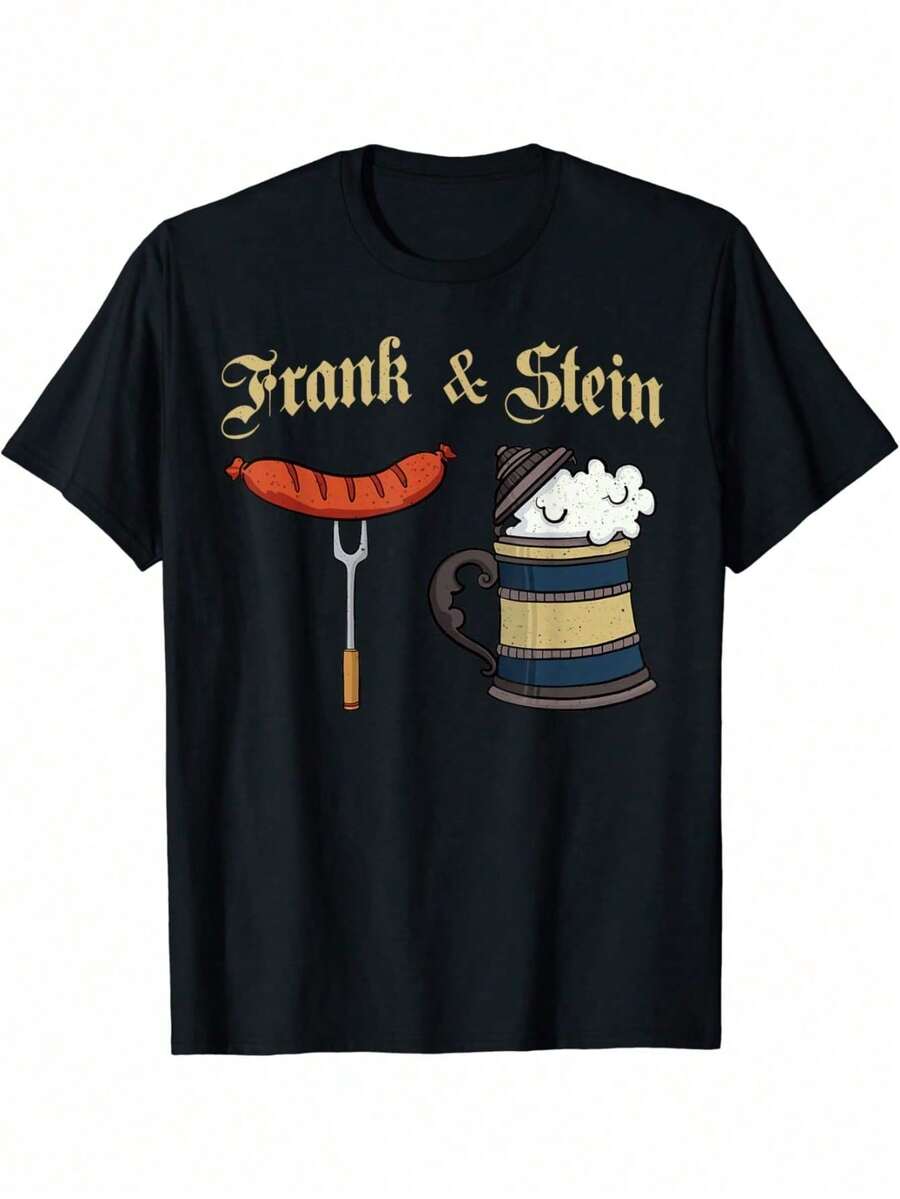 [100% Cotton Oktoberfest T-Shirt] 1pc Frank & Stein Oktoberfest T-Shirt - 100% Cotton Crew Neck Tee, Geometric Pattern, Short Sleeve, Regular Fit, All-Season Knit Fabric, Digital Direct Injection, Casual Daily Wear - Black - View 1