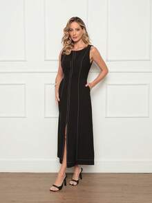 DUOUNO MODAS - VESTIDO REGATA LONGO FEMININO MARANTE COM ZÍPER ATRÁS E BOLSOS - VESTIDOS LONGOS FEMININOS FEMININAS - Preto - Visão 5