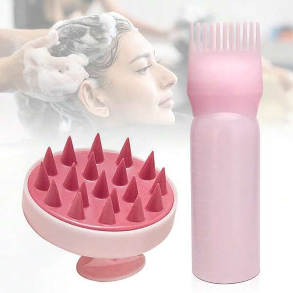 2 stuks getande stomerijfles, shampoofles, haarverf, permanent, knijpfles voor haarsalon, weegschaalfles, permanentfles, kappersbenodigdheden en 1 stuk shampookam, hoofdhuidmassager, 2-in-1 droog/nat haar, hoofdhuidmassager, shampooborstel, hoofdhuidverzorgingsborstel voor hoofdhuidverzorging, geschikt voor mannen, vrouwen, terug naar school, essentiële reis- en vakantiebenodigdheden, haaraccessoires voor vrouwen