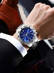 High-End Business Oversized Dial Triple Eye Steel Bracelet Watch, Blue Tinted Glass, Round Dial, Ideal Gift For Men