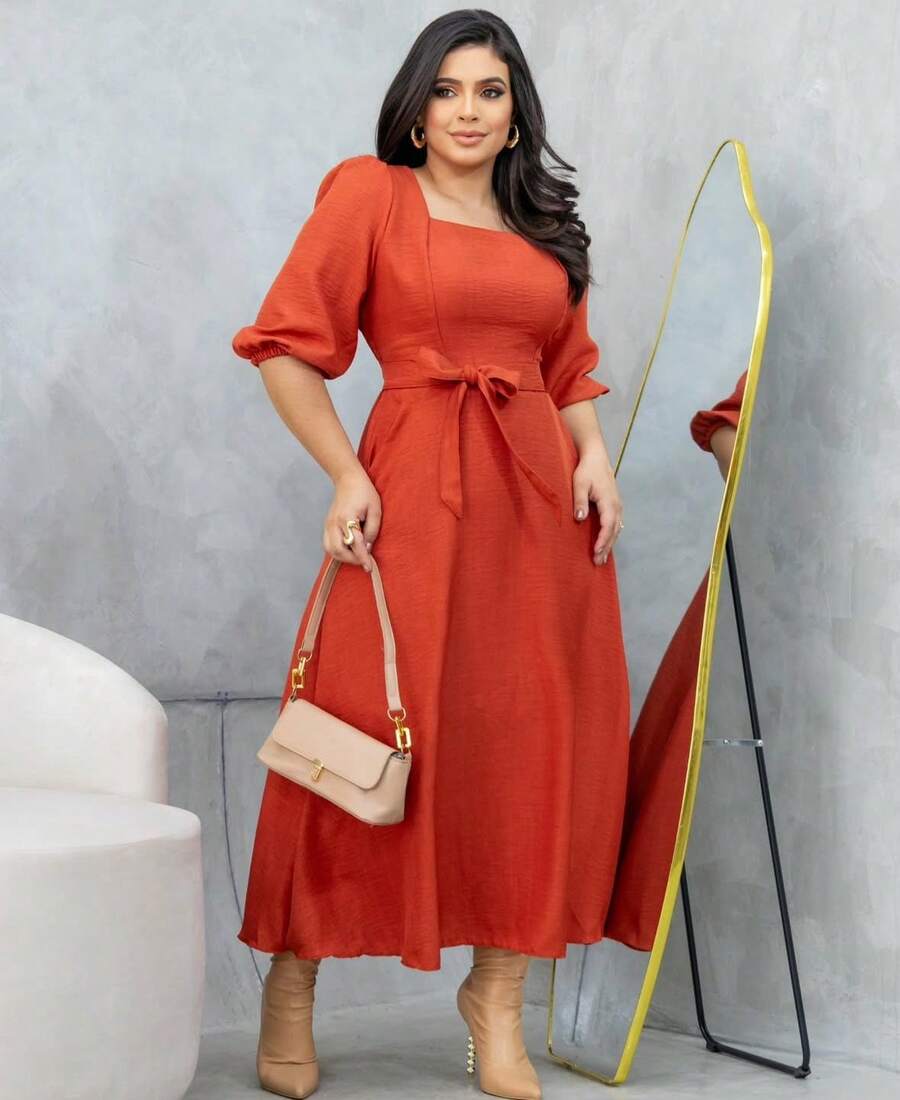 Aurora Boho Midi Dress With 3/4 Sleeves Godet Christian Fashion - Naranja Quemada - Ver 1