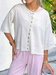 Women Short Sleeve Cardigan Button Down Open Front Knit Crew Neck Sweater Tops Oversized Lightweight Cardigans - 白色 - 查看 1