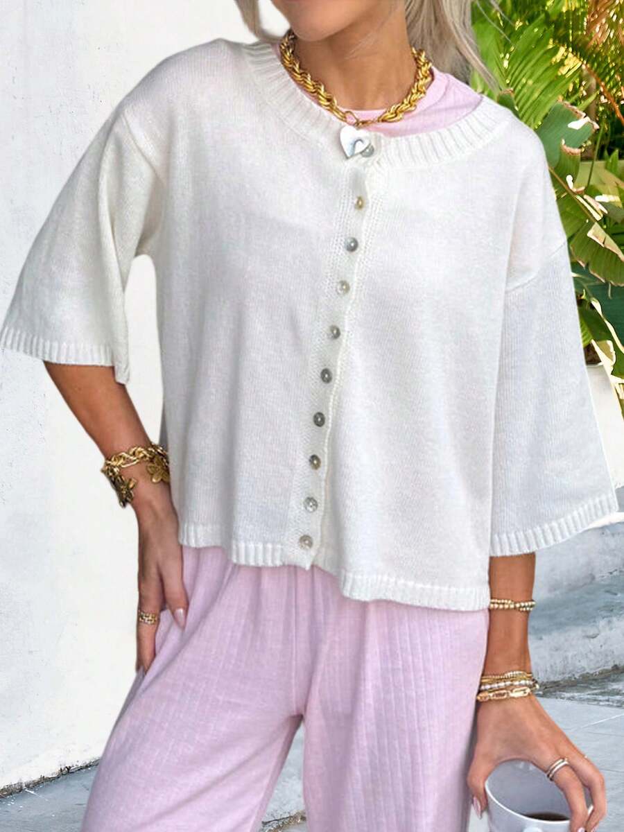 Women Short Sleeve Cardigan Button Down Open Front Knit Crew Neck Sweater Tops Oversized Lightweight Cardigans - 白色 - 查看 1