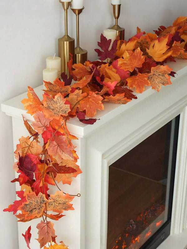 200cm/100cm-Artificial Maples Leaf Garland Autumn Maple Leaves Vines Garland For Thanksgiving Halloween Home Porch Mantle Fireplace Farmhouse Harvest Decorations (Fall) Home Decor Halloween Decor Room Decor