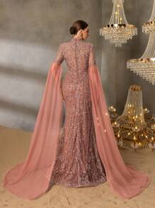 Faeriesty Faeriesty Elegant High-Neck Evening Gown With Sheer Chiffon Sleeves, Thigh Slit & Mermaid Train - Structured Formal Dress For Red-Carpet Galas, Luxury Weddings, Black-Tie Events, Award Ceremonies, And Gala Dinners
