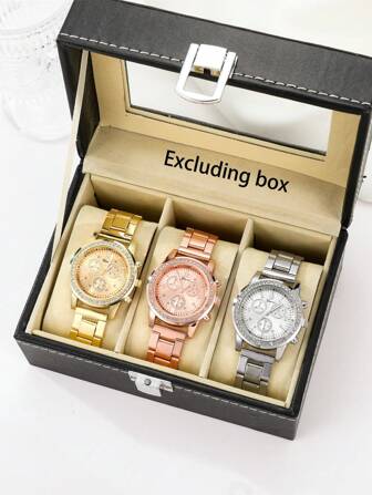 3 st/set Elegant och stilig Casual Minimalistisk Digital Crystal Scale Legering Band Quartz Watch Combo Set, idealisk present