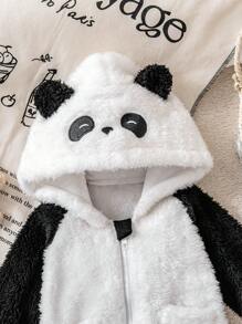 1pc Infant Panda Hooded Romper, Long Sleeve Plush Jumpsuit With Pockets & Zipper, Fashionable Design Suitable For 0-9 Months Baby