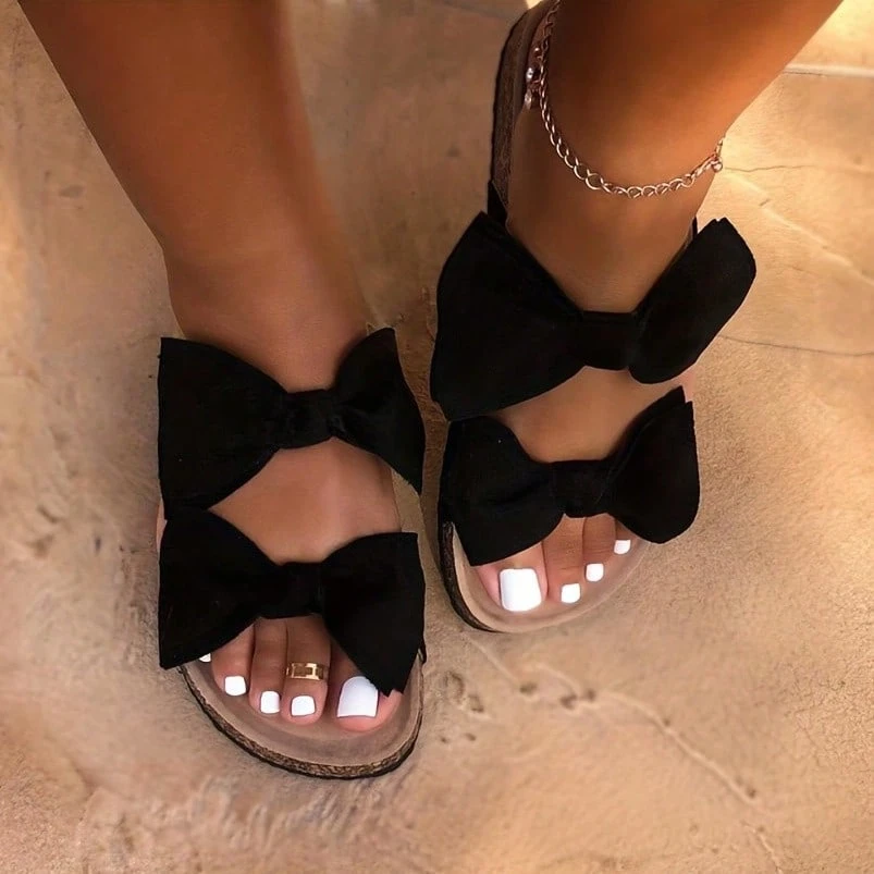 Women'S Bow Tie Decor Slippers, Open Toe Round Toe Platform Slides, Women'S Fashion Flat Shoes - Black - View 1
