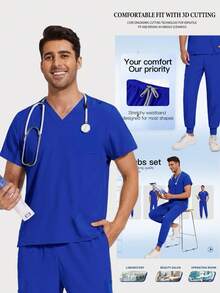 Blue Short Sleeve Medical Uniform Set, Doctor/Nurse Scrubs Outfit